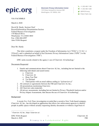 EPIC FOIA 请求 1 Clearview AI 2020 年 3 月 6 日 FBI ...